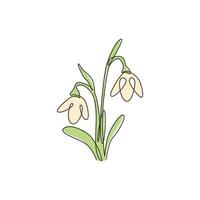 One single line drawing of beauty fresh galanthus for home decor wall art poster print. Decorative snowdrop flower for greeting card ornament. Modern continuous line draw design vector illustration