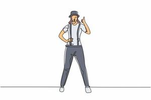 Continuous one line drawing female mime artist stands with a thumbs-up gesture and white face make-up makes audience laugh with silent comedy. Single line draw design vector graphic illustration
