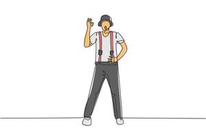 Single continuous line drawing mime artist stands with gesture okay and white face make-up makes audience laugh with silent comedy. Great show. Dynamic one line draw graphic design vector illustration