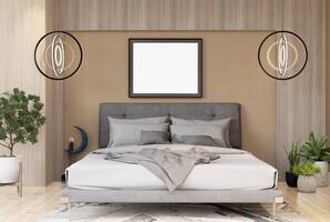 3D illustration Mockup photo frame in bedroom, rendering