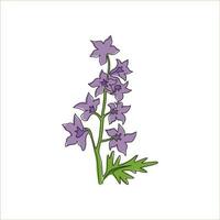 Un dibujo de línea continua Beauty Fresh Larkspur para decoración del hogar, arte de pared, impresión de póster. Delphinium flor perenne decorativa para tarjeta de invitación de boda. Ilustración de vector de diseño de dibujo de una sola línea