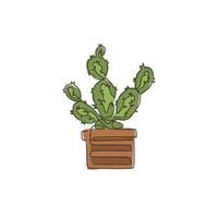 un dibujo de línea continua de una linda planta de cactus espinoso tropical en maceta. concepto de planta de interior decorativa imprimible para adorno de papel tapiz de decoración del hogar. Ilustración de vector de diseño de dibujo de línea única moderna