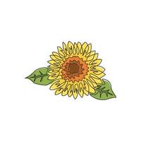 Single continuous line drawing of beauty fresh sunflower for park logo. Decorative helianthus summer flower concept home wall decor poster art. Modern one line draw design vector graphic illustration