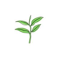 One single line drawing healthy organic tea leaves for plantation logo identity. Fresh tender bud of tea shoot concept for tea leaf icon. Modern continuous line draw design graphic vector illustration