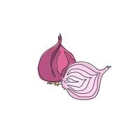 One single line drawing whole and sliced healthy organic bulb onion for farm logo identity. Fresh common onion concept vegetable icon. Modern continuous line draw design vector graphic illustration