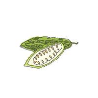 Single continuous line drawing of whole and sliced healthy organic bitter gourd for garden logo identity. Fresh Indonesian pare concept for veggie icon. Modern one line draw design vector illustration