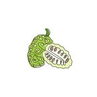One continuous line drawing of whole and half sliced healthy organic noni for logo identity. Fresh morinda citrifolia concept for fruit garden icon. Modern single line draw design vector illustration
