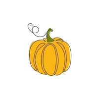 Single continuous line drawing of whole big round healthy organic pumpkin for orchard logo identity. Fresh fall fruitage concept for fruit garden icon. Modern one line draw design vector illustration