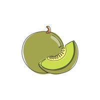 una sola línea dibujando melón orgánico sano entero y cortado en rodajas para la identidad del logotipo del huerto. concepto de fruitage fresco para el icono de jardín de frutas. Ilustración gráfica de vector de diseño de dibujo de línea continua moderna