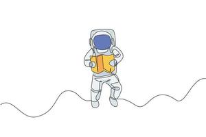 Single continuous line drawing floating science astronaut in spacewalk reading map navigator. Fantasy deep space exploration, fiction concept. Trendy one line draw design graphic vector illustration