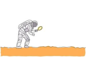 One continuous line drawing of young astronaut holding magnifier and search for foot trace in moon surface. Cosmic galaxy space concept. Dynamic single line draw graphic design vector illustration
