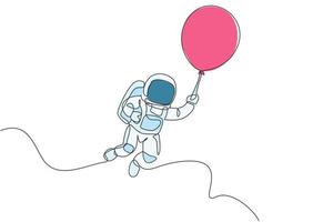 One single line drawing of space man astronaut exploring cosmic galaxy, flying with balloon vector graphic illustration. Fantasy outer space life fiction concept. Modern continuous line draw design