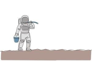 One continuous line drawing of spaceman carrying bucket and hoe on shoulder while walking in moon surface. Deep space farming astronaut concept. Dynamic single line draw design vector illustration