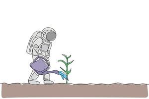 Single continuous line drawing cosmonaut watering plant tree using plastic watering can in moon surface. Galaxy astronaut farming life concept. Trendy one line draw design graphic vector illustration