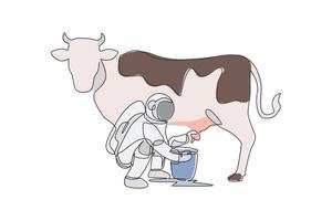 One continuous line drawing of spaceman astronaut squat down milking cow and put into milk can bucket in moon surface. Deep space farming astronaut concept. Single line draw design vector illustration