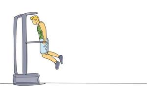 dibujo de una sola línea continua de un joven deportista entrenando con una barra paralela levantando su cuerpo en el centro del club de gimnasia deportiva. concepto de estiramiento de fitness. ilustración de vector de diseño de dibujo de una línea de moda