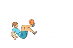 dibujo de una sola línea continua de una joven deportista que entrena fútbol estilo libre, haciendo malabarismos con espinilla en el campo. concepto de estilo libre de fútbol. Ilustración de vector gráfico de diseño de dibujo de una línea de moda