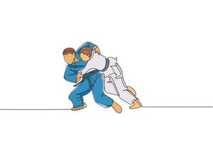 dibujo de una sola línea continua de dos jóvenes luchadores de judoka deportivos que practican la habilidad de judo en el centro de gimnasia dojo. lucha contra jujitsu, concepto de deporte de aikido. ilustración de vector de diseño de dibujo de una línea de moda