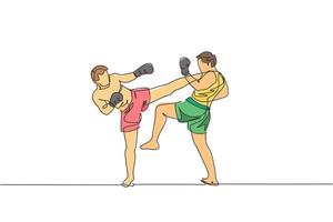 One continuous line drawing of two young sporty men kickboxer athlete exercise for sparring fight at gym center. Combative kickboxing sport concept. Dynamic single line draw design vector illustration