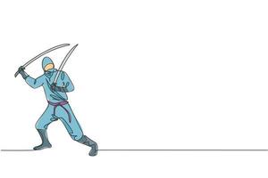 un dibujo de una sola línea de un joven ninja tradicional japonés enérgico sosteniendo espadas samurai en la ilustración vectorial de pose de ataque. concepto de deporte de artes marciales combativas. diseño moderno de dibujo de línea continua vector