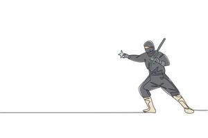 One continuous line drawing of young brave Japanese ninja character on black costume with attacking position. Martial art fighting concept. Dynamic single line draw design vector graphic illustration