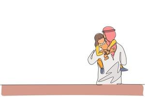 Single continuous line drawing of young Islamic dad hugging his sleepy daughter girl while holding toy doll. Arabian Muslim happy family parenting concept. One line draw design vector illustration