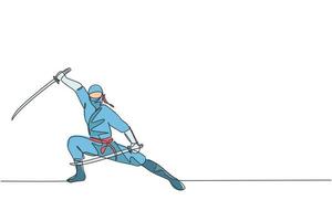 un dibujo de línea continua del joven y valiente personaje ninja japonés con traje negro con posición de ataque. concepto de lucha de artes marciales. Ilustración gráfica de vector de diseño de dibujo de línea única dinámica