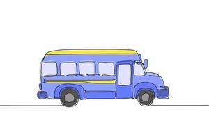 Single continuous line drawing of old elementary school bus vehicle. Back to school minimalist style. Transportation for education concept. Modern one line draw graphic design vector illustration