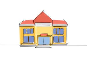 Continuous one line drawing elementary school building at the small city. Back to school hand drawn minimalism concept. Single line draw design for education vector graphic illustration