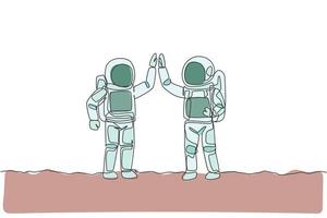 One continuous line drawing of two young happy astronauts giving high five gesture to celebrate teamwork in moon surface. Spaceman concept. Dynamic single line draw design vector graphic illustration