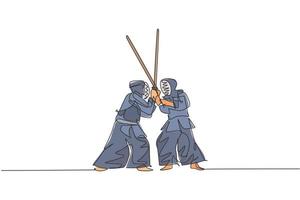 One single line drawing of two young energetic man exercise sparring fight kendo with wooden sword at gym center vector illustration. Combative fight sport concept. Modern continuous line draw design