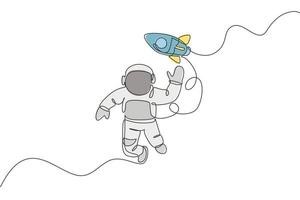 One continuous line drawing of waving hand spaceman astronaut science discovering cosmos galactic with rocket. Cosmonaut in outer space concept. Dynamic single line draw design vector illustration