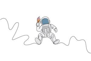 un dibujo de línea continua del cosmonauta volando y comiendo helado de leche de cono frío dulce en galáctico. concepto de vida de astronauta del espacio exterior de fantasía. Ilustración de vector de diseño de dibujo de línea única dinámica