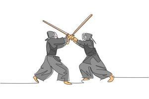 One continuous line drawing of two young sporty men training kendo attack and defense skill in dojo center. Healthy martial art sport concept. Dynamic single line draw design vector illustration