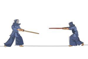 un dibujo de una sola línea de dos jóvenes enérgicos antes de la pelea de kendo con una espada de madera en la ilustración vectorial del centro de gimnasia. concepto de deporte de lucha combativa. diseño moderno de dibujo de línea continua vector