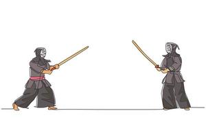 dibujo de una sola línea continua de un joven deportista que practica la habilidad básica de kendo, postura antes de la pelea en el centro deportivo del gimnasio. concepto de deporte de lucha. ilustración de vector de diseño de dibujo de una línea de moda