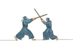 una línea continua dibujando a dos jóvenes que luchan por obtener la habilidad del título de campeonato de kendo en el centro del dojo. concepto de deporte de arte marcial saludable. Ilustración de vector de diseño gráfico de dibujo de línea única dinámica