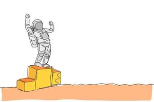 One continuous line drawing of astronaut standing on first place podium. Deep space galaxy. Spaceman healthy fitness sport concept. Dynamic single line draw design vector illustration graphic