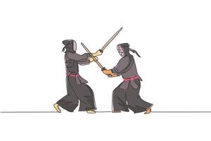 One continuous line drawing of two young sporty men spare fighting kendo to improve skill in dojo center. Healthy martial art sport concept. Dynamic single line draw graphic design vector illustration