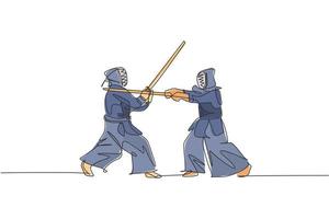 dibujo de una sola línea continua de dos jóvenes deportistas que practican la habilidad de arte marcial kendo en el centro deportivo del gimnasio. pelea de sparring. concepto de deporte de lucha. ilustración de vector de diseño de dibujo de una línea de moda