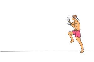 One continuous line drawing of young sporty muay thai boxer man preparing to fight, stance kick at box arena. Fighting sport game concept. Dynamic single line draw design vector graphic illustration