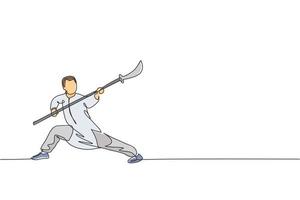 One single line drawing of young man on kimono exercise wushu martial art, kung fu technique with spear on gym center vector illustration. Fighting sport concept. Modern continuous line draw design