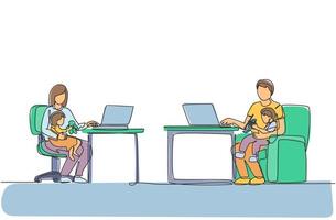 One continuous line drawing of young mom and dad sitting on chair while typing on laptop and carrying their kid. Happy family parenting concept. Dynamic single line draw design vector illustration