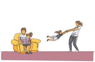 One continuous line drawing of young mom playing with daughter while dad sitting on sofa and reading book. Happy family parenting concept. Dynamic single line draw design vector illustration