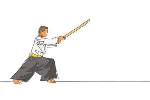 One single line drawing of young energetic man wearing kimono exercise aikido technique with wooden sword in sport hall vector illustration. Health lifestyle sport concept. Continuous line draw design