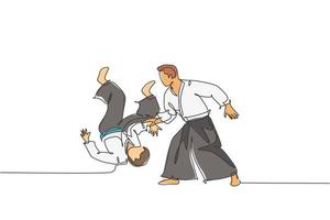 One continuous line drawing of young man aikido fighter practice fighting technique at dojo training center. Martial art combative sport concept. Dynamic single line draw design vector illustration