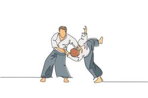 Un joven luchador de aikido de dibujo de línea continua practica el truco de lucha en el centro de entrenamiento del dojo. concepto de deporte combativo de artes marciales. Ilustración de vector de diseño gráfico de dibujo de línea única dinámica