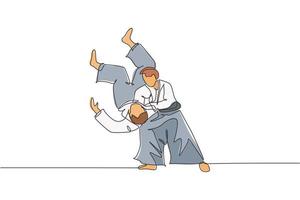 One continuous line drawing of two young men aikido fighter practice fighting train slamming technique at dojo center. Martial art sport concept. Dynamic single line draw design vector illustration