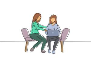 Continuous one line drawing two female with laptop sitting on the chairs together. Freelance, distance learning, online courses, studying concept. Single line draw design vector graphic illustration