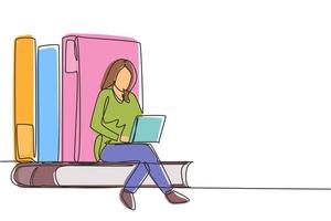 Single continuous line drawing young woman studying with laptop and sit and lean on big books. Back to school, intelligent student, online education. One line draw graphic design vector illustration